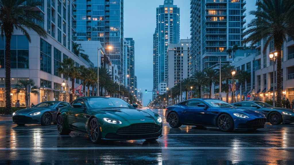 Editorial, photo-realistic HERO for an automotive daily news article titled "Aston Martin Expands Brand with Luxury Penthouses in Daytona Beach – Dail