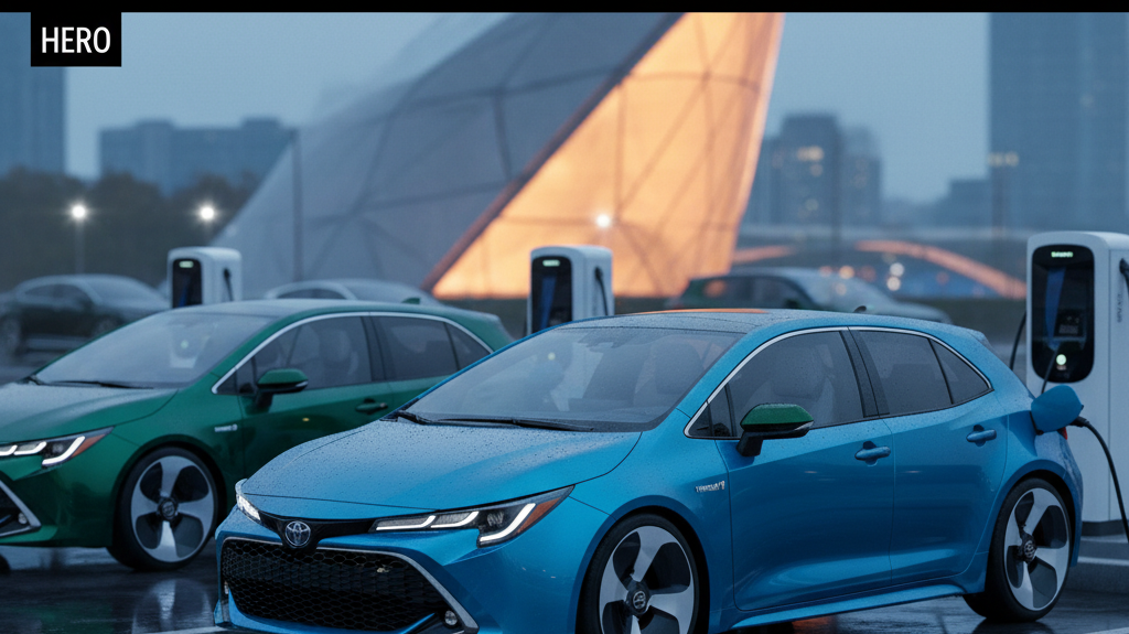 Editorial, photo-realistic HERO for an automotive daily news article titled "Toyota Corolla Hybrid Sets Sights on Next-Gen Efficiency – Daily Car News