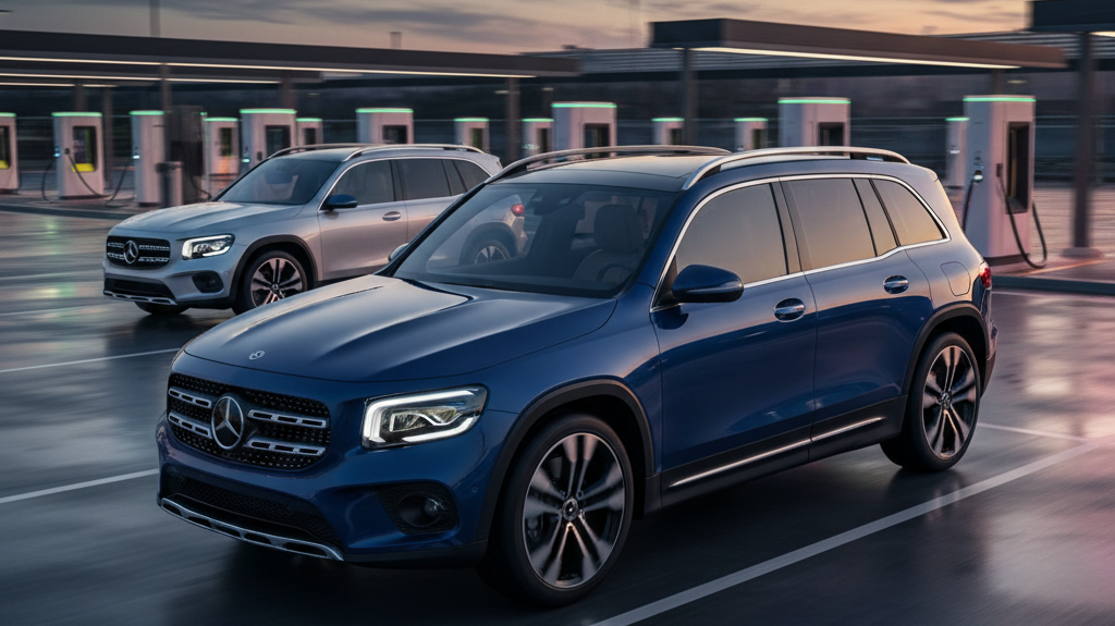Editorial, photo-realistic HERO for an automotive daily news article titled "Mercedes GLB Unveils New Design Ahead of Launch – Daily Car News (2025-11