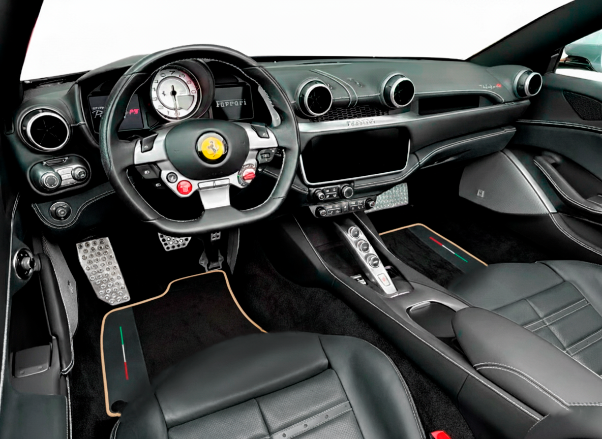 Black Floor Mats For Ferrari Portofino (2018-2023) With Leather and Red Trim - AutoWin