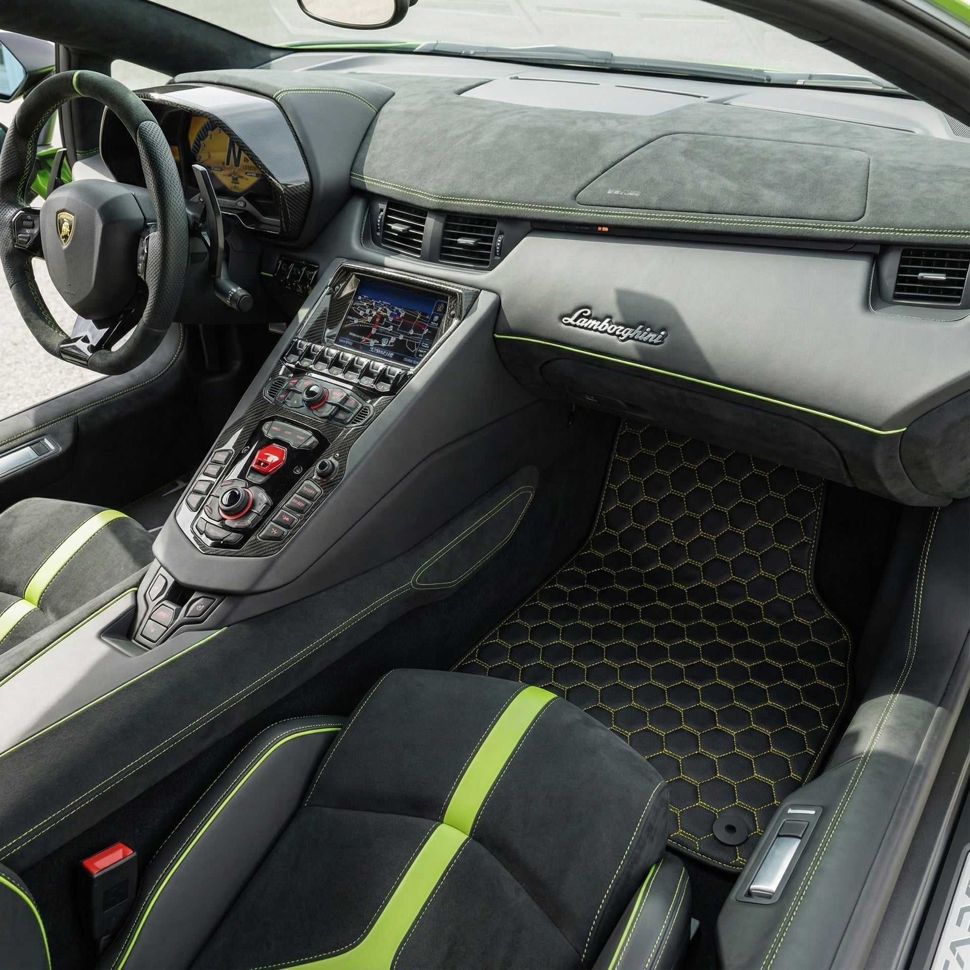 Tapis de voiture en cuir personnalisable avec motif hexagonal vertical pour Lamborghini Aventador (2012-2022) - AutoWin