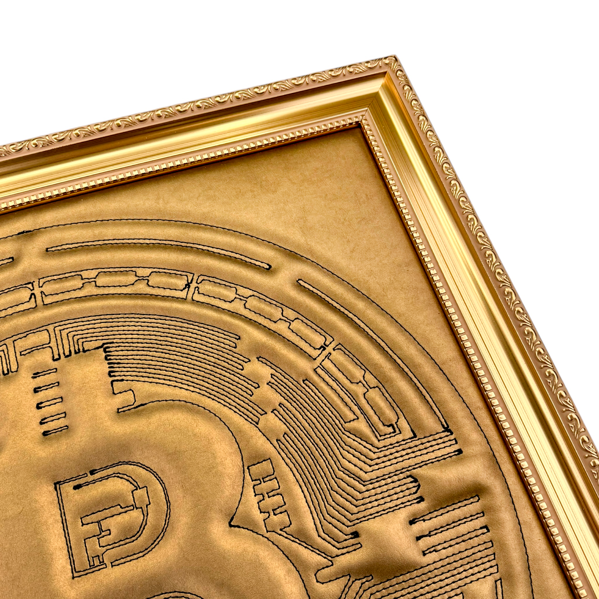 Gold Leather Bitcoin Inspired Wall Art: Embroidered Black Stitch Luxury Decor