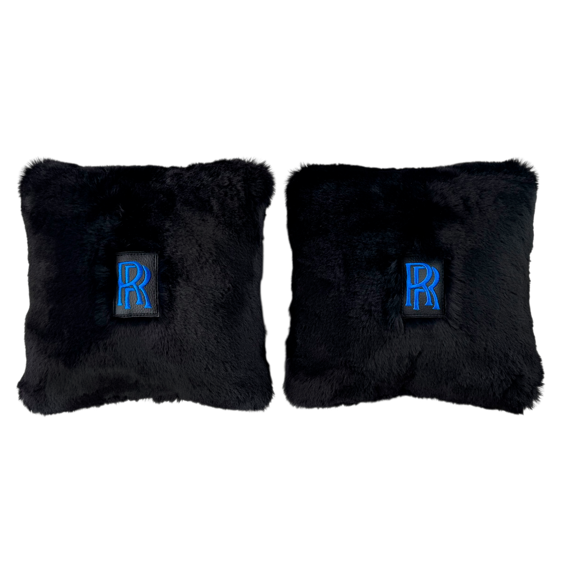 Set of Black Sheepskin Floor Mats & Pillows for Rolls Royce Cullinan (2018-2025) with Black Leather | Blue RR Logo