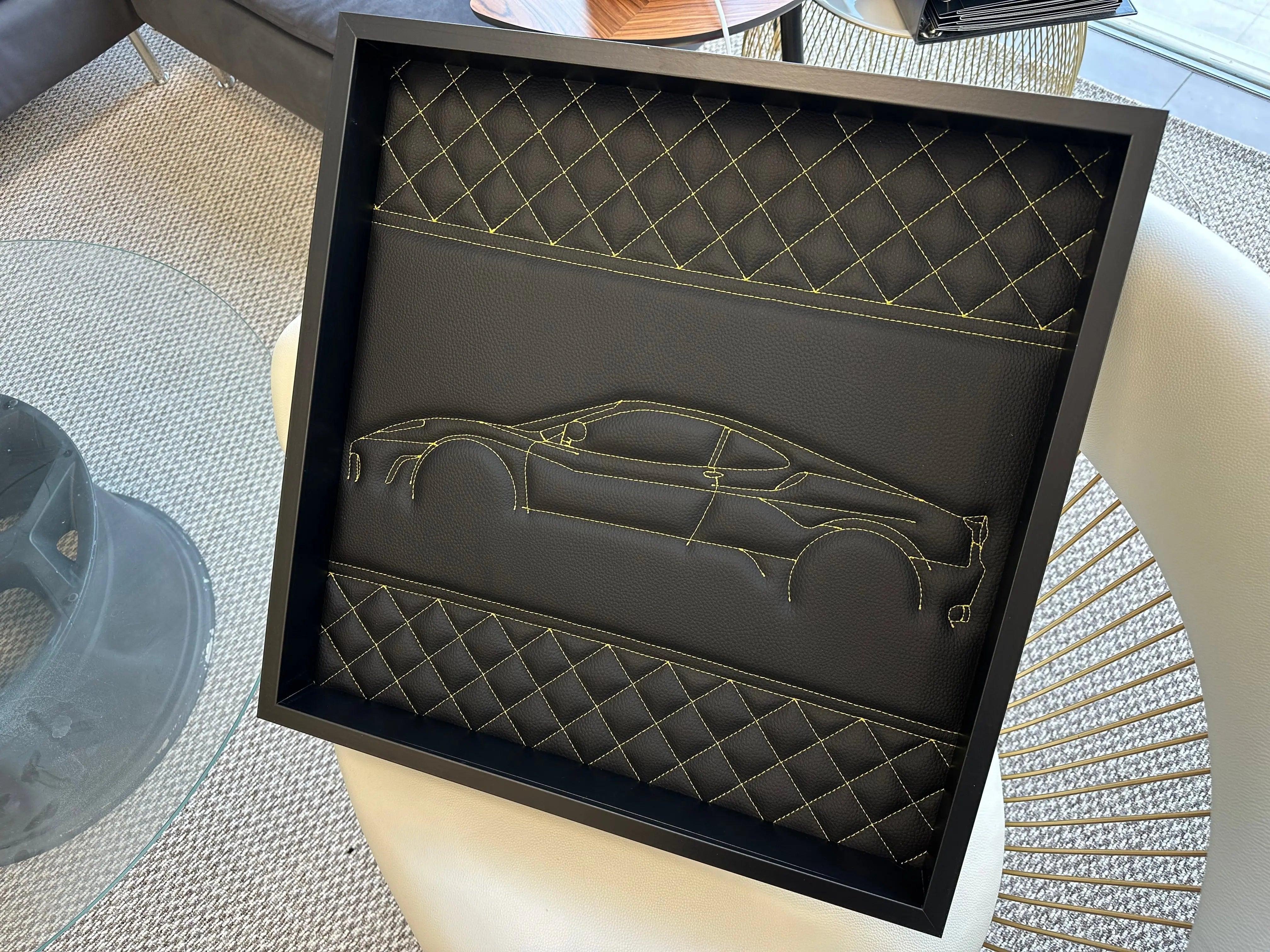Black Leather Ferrari 458 Inspired Wall Art: Embroidered Yellow Stitch Luxury Decor - AutoWin
