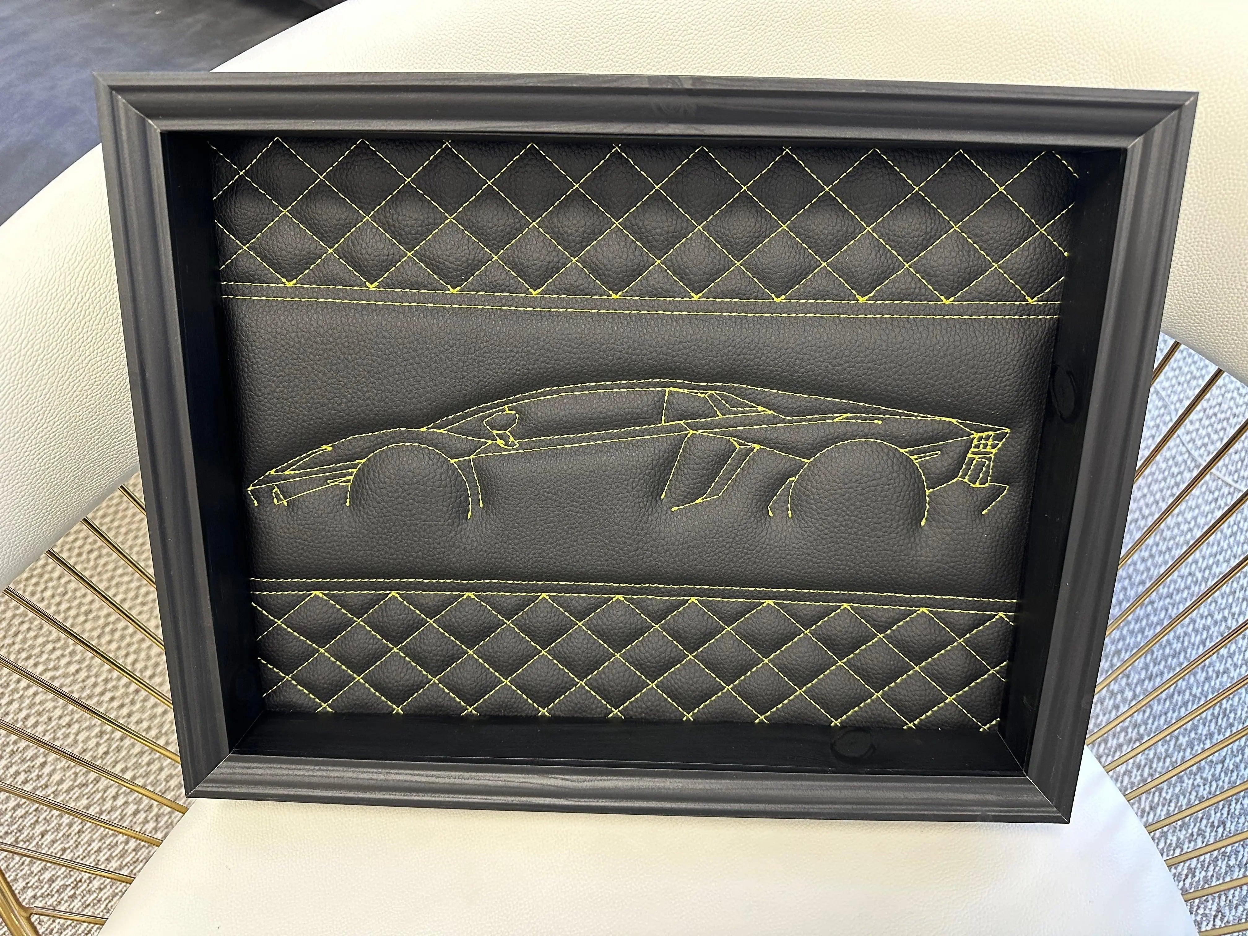 Black Leather Lamborghini Aventador Inspired Wall Art: Embroidered Yellow Stitch - AutoWin