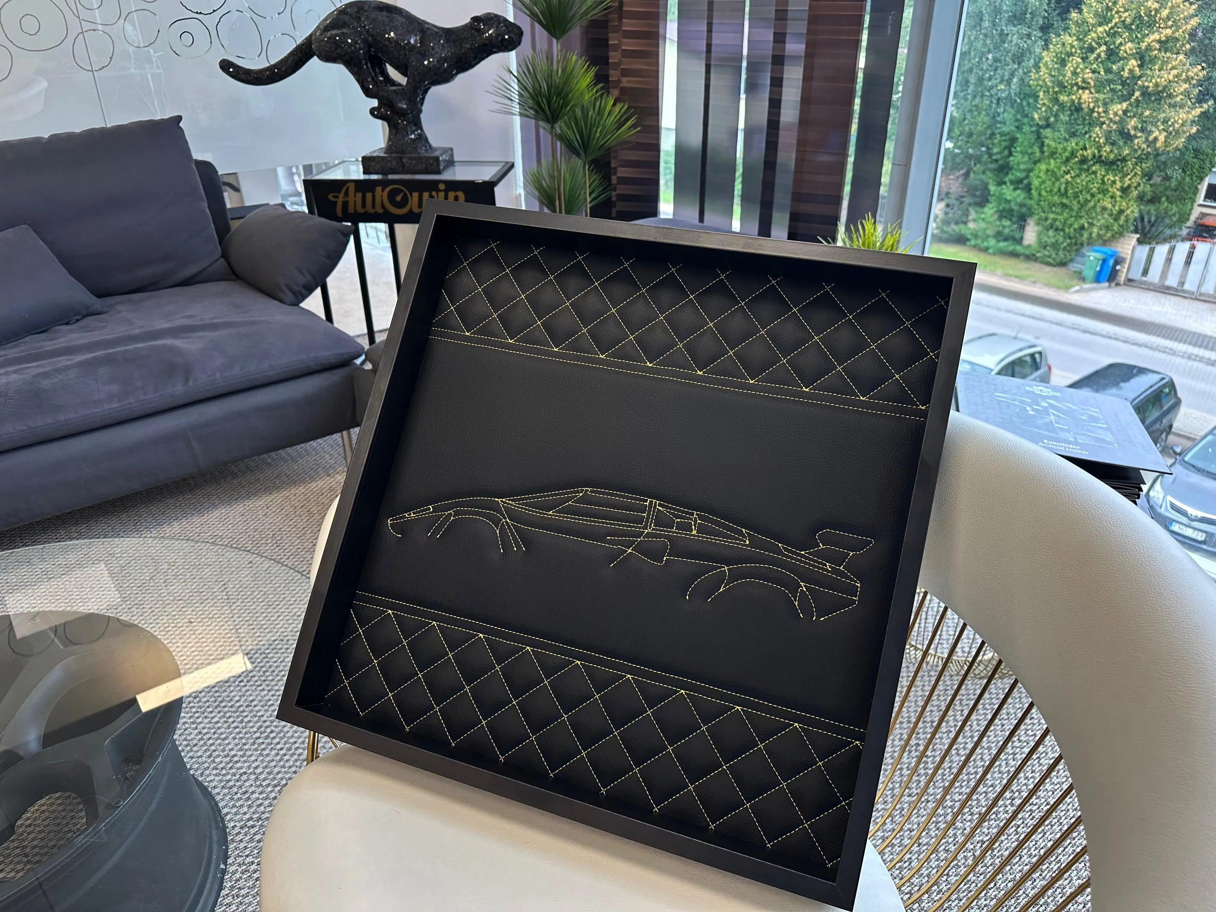 Black Leather Lamborghini Countach Inspired Wall Art: Embroidered Yellow Stitch Luxury Decor - AutoWin