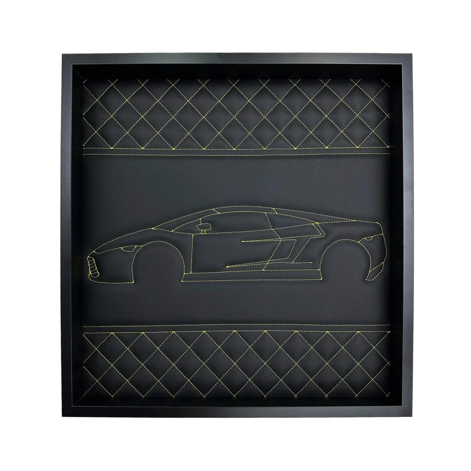 Black Leather Lamborghini Gallardo Inspired Wall Art: Embroidered Yellow Stitch Luxury Decor - AutoWin