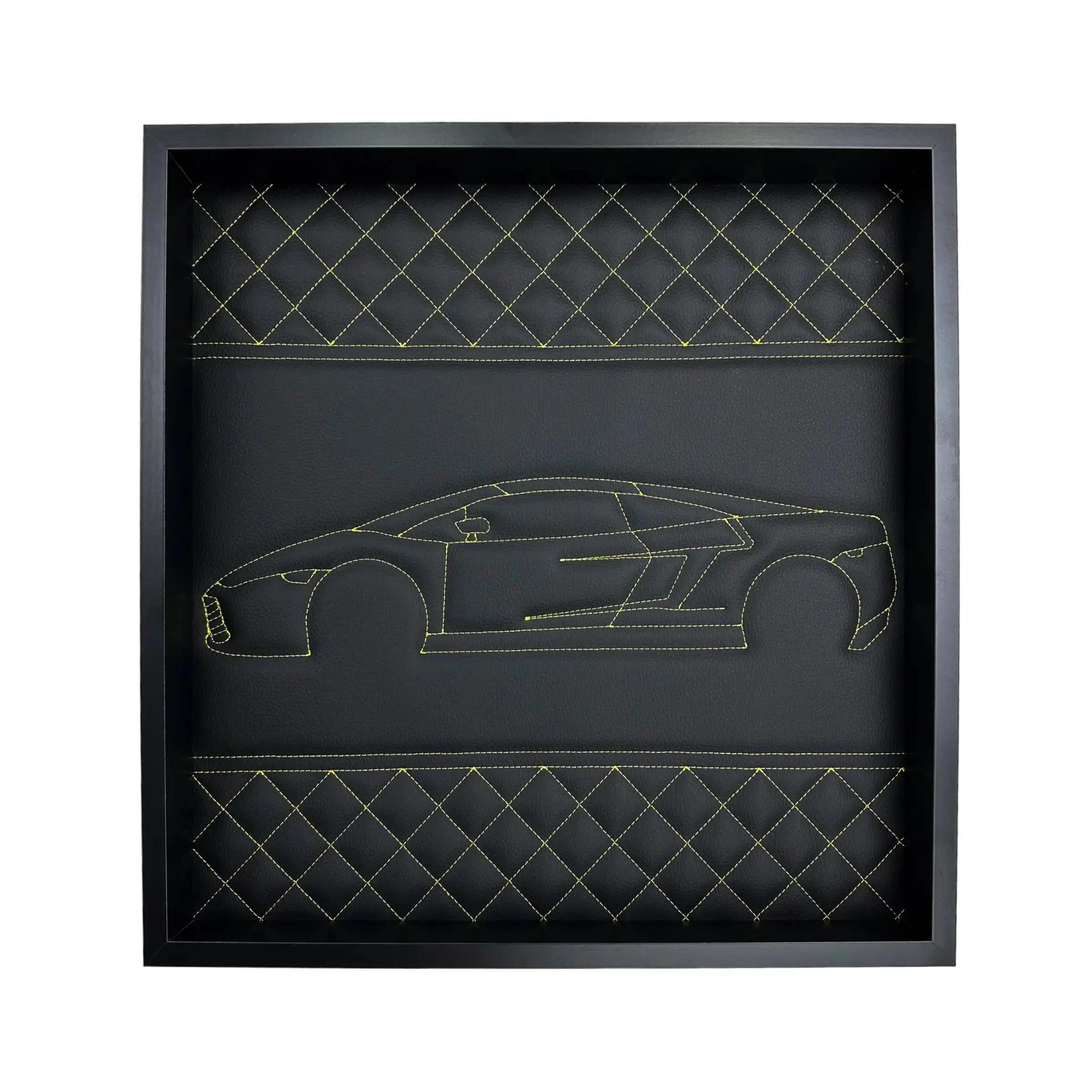Black Leather Lamborghini Gallardo Inspired Wall Art: Embroidered Yellow Stitch Luxury Decor - AutoWin