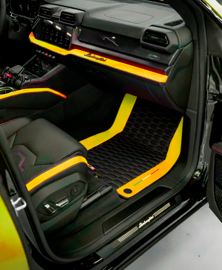 Alfombrillas de cuero negro para Lamborghini Urus S con cuero nappa naranja - AutoWin.EU