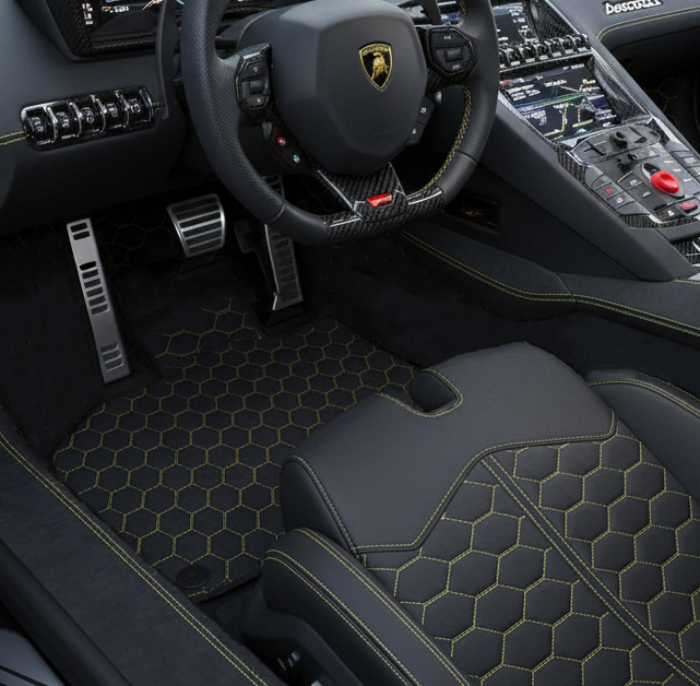 Customizable Leather Floor Mats with Interlaced Hex Pattern for Lamborghini Aventador SV (2012-2022) - AutoWin