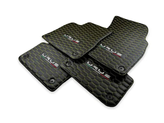 Floor Mats For Lamborghini Urus Leather Yellow Stitching - AutoWin