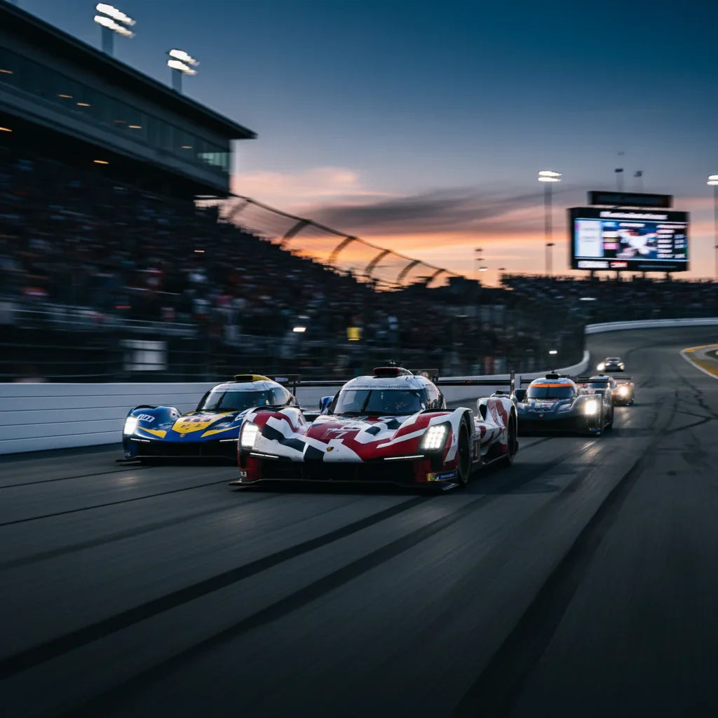 Editorial photo-realistic HERO image for automotive news (2026-01-25). Feature Porsche and JDC-Miller vehicles specifically Porsche Penske No. 7, JDC-