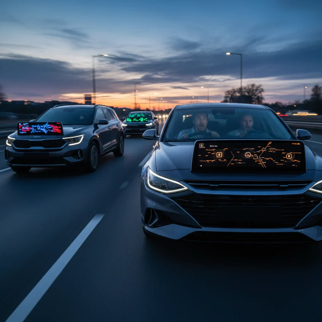 Editorial photo-realistic HERO image for automotive news (2026-01-31). Feature Hyundai and Kia vehicles specifically specific digital dashboard models