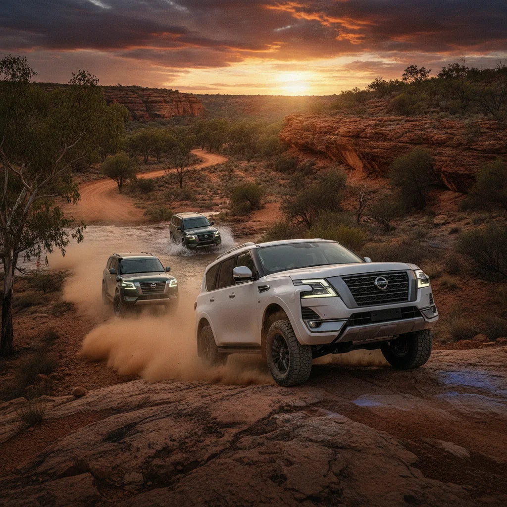 Editorial photo-realistic HERO image for automotive news (2026-06-11). Feature Nissan vehicles specifically 2027 Nissan Patrol. Scene: A vibrant Austr