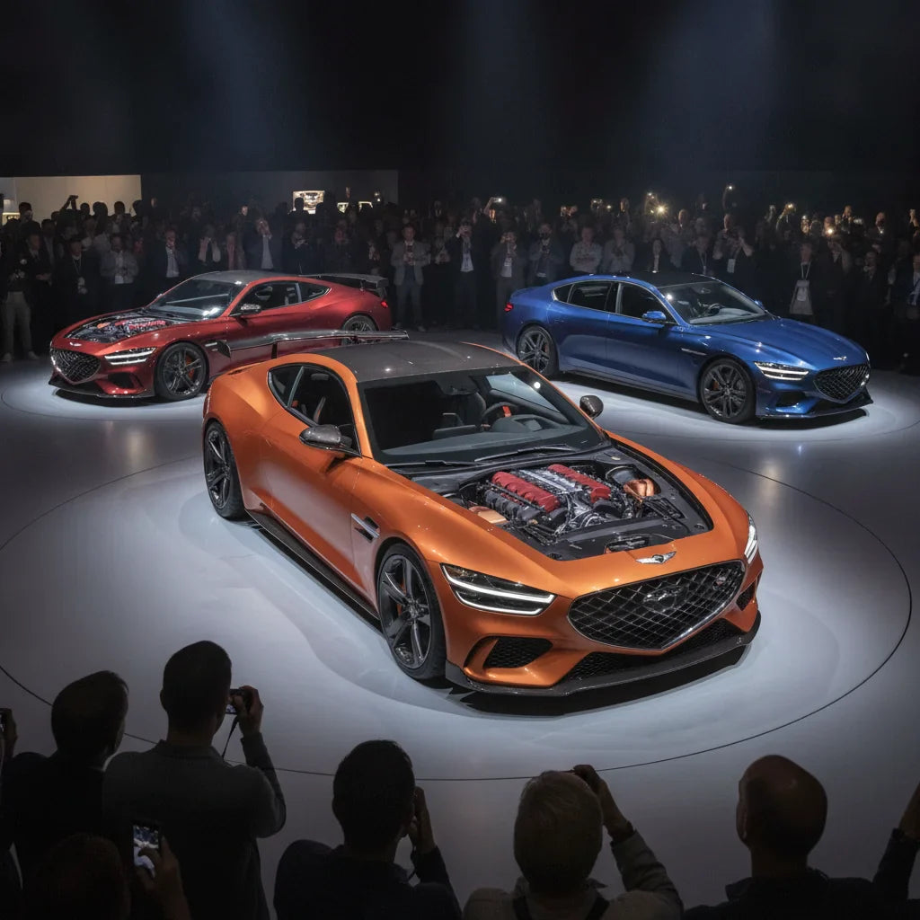 Editorial photo-realistic HERO image for automotive news (2026-06-16). Feature Brand1 and Genesis vehicles specifically Magma GT. Scene: The Genesis M