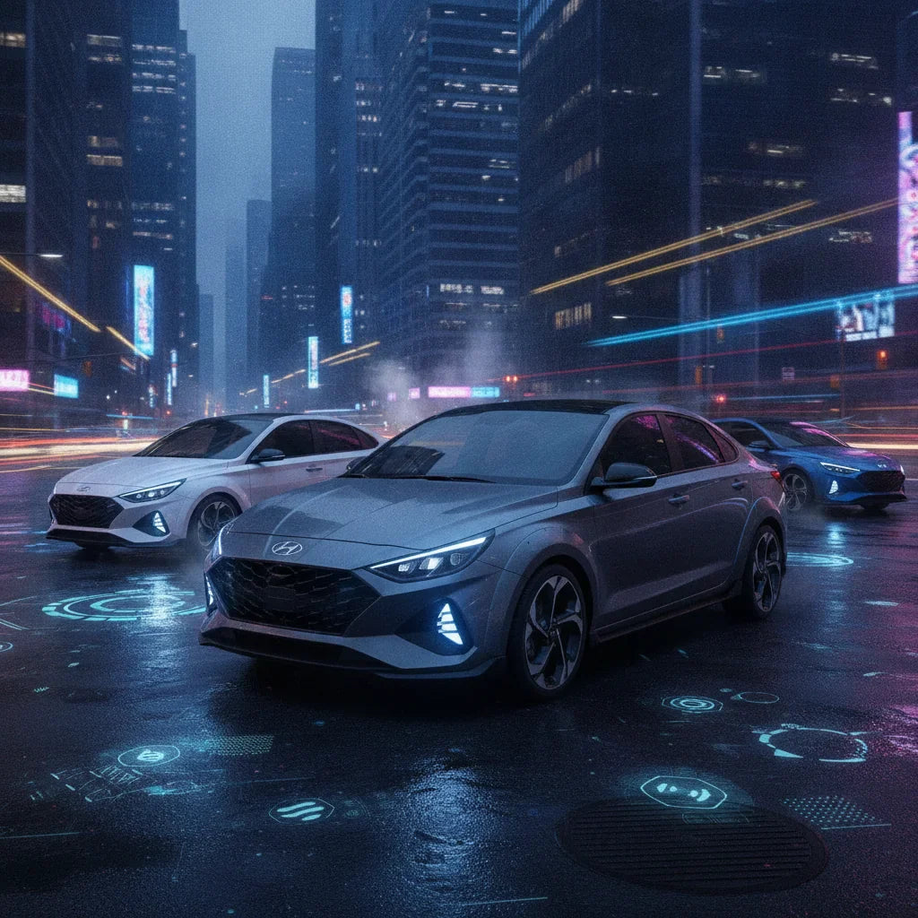 Editorial photo-realistic HERO image for automotive news (2026-06-26). Feature Hyundai vehicles specifically 2027 Hyundai i30 Sedan. Scene: The new Hy