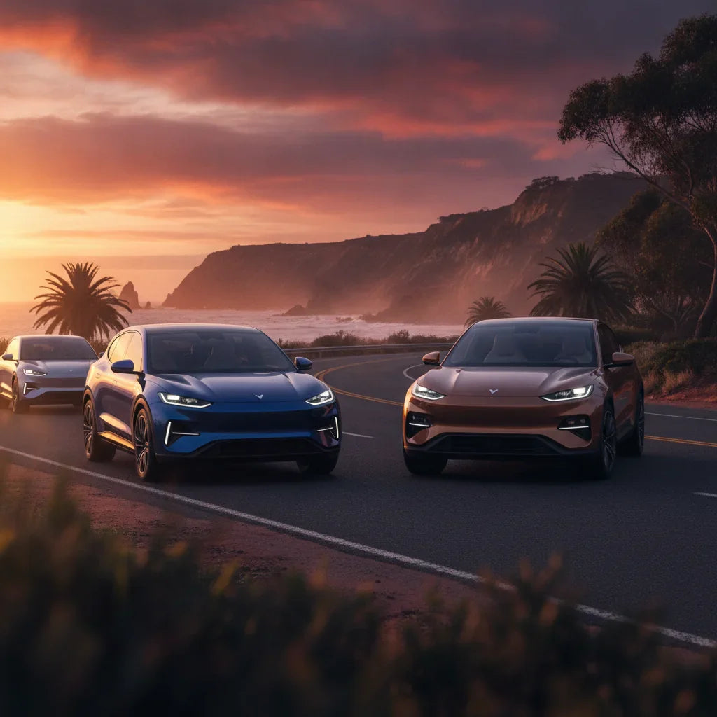 Editorial photo-realistic HERO image for automotive news (2026-07-22). Feature Xpeng and Zeekr vehicles specifically Xpeng GX, Zeekr 9X. Scene: A dram