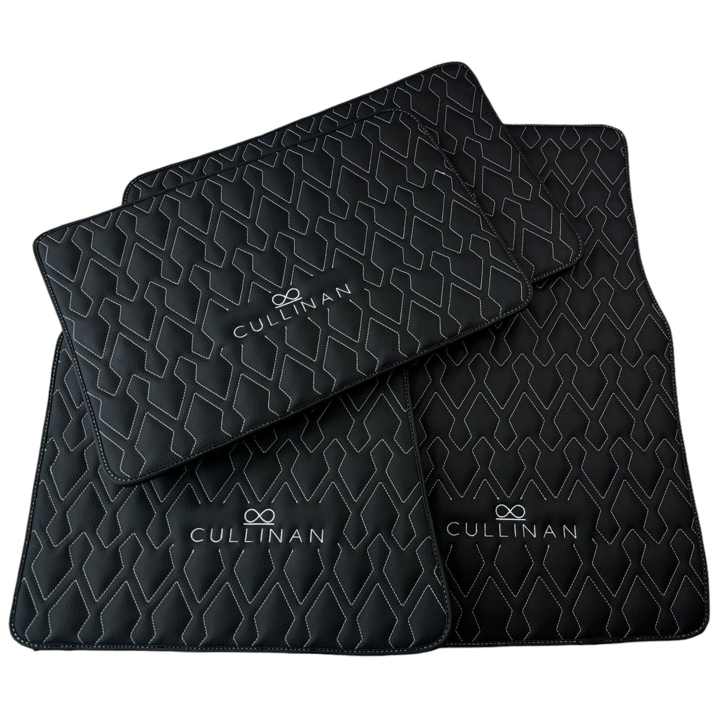 Black Leather Floor Mats for Rolls Royce Cullinan (2018-2023) with White Stitching - AutoWin