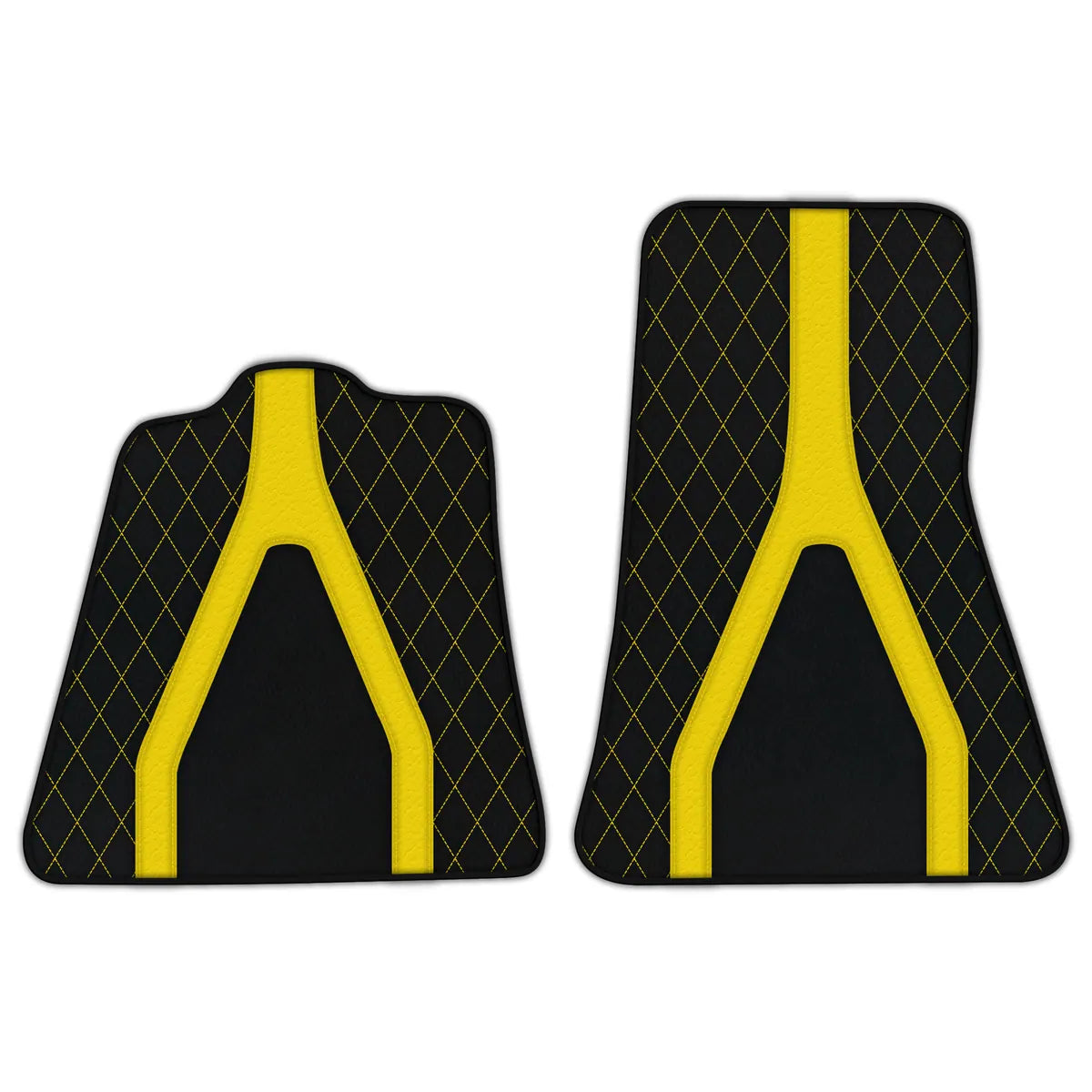 Black leather McLaren 600LT floor mats with a yellow AW04 pattern