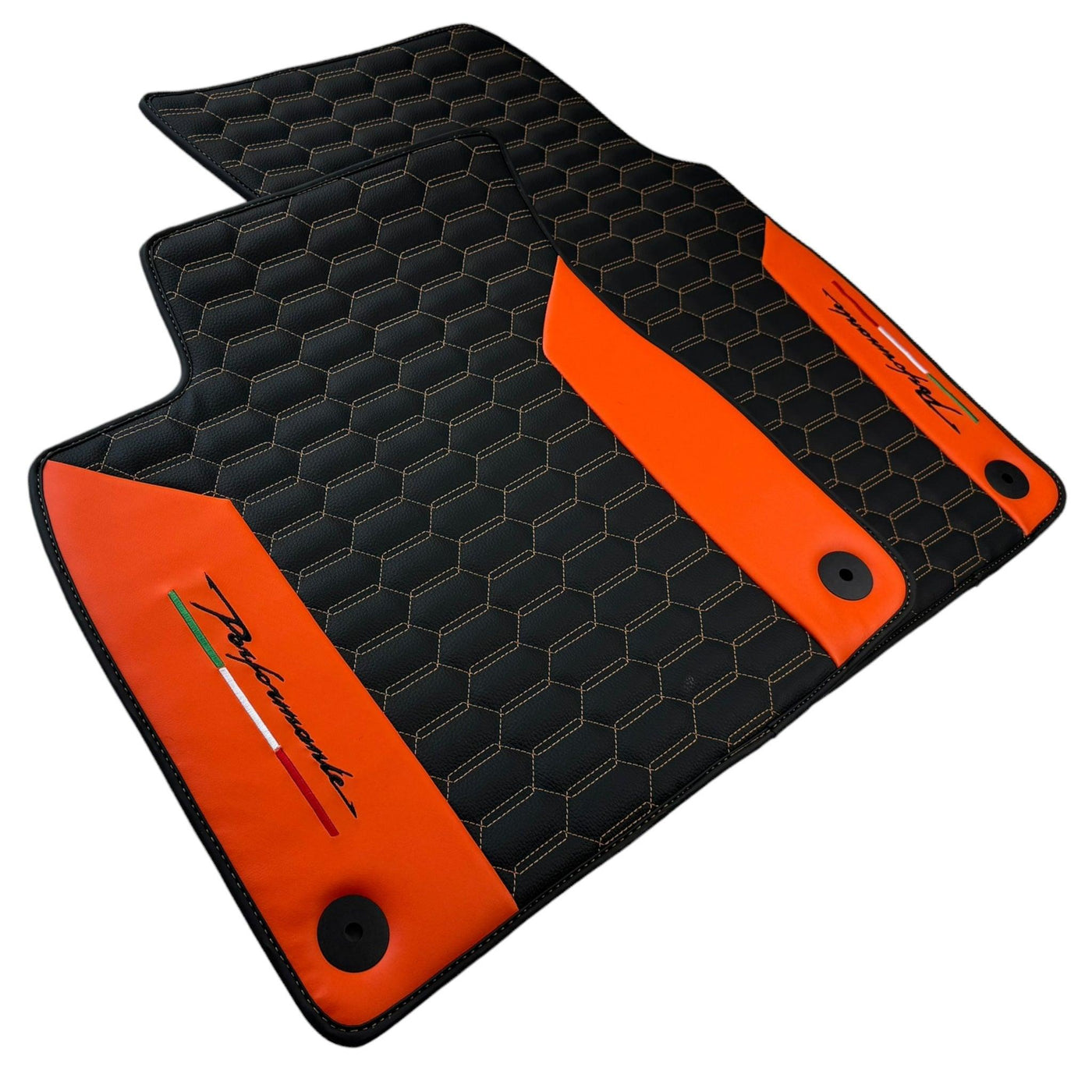 Black Floor Mats for Lamborghini Urus with Orange Leather - AutoWin