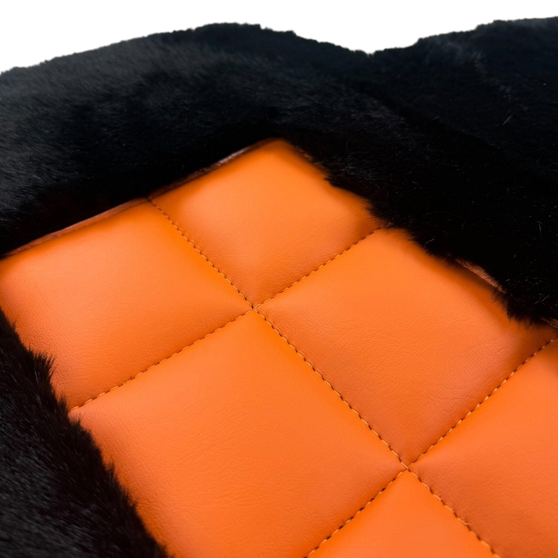 Black Sheepskin Floor Mats for Rolls-Royce Shadow (1965-1977) Orange Leather Trim - AutoWin