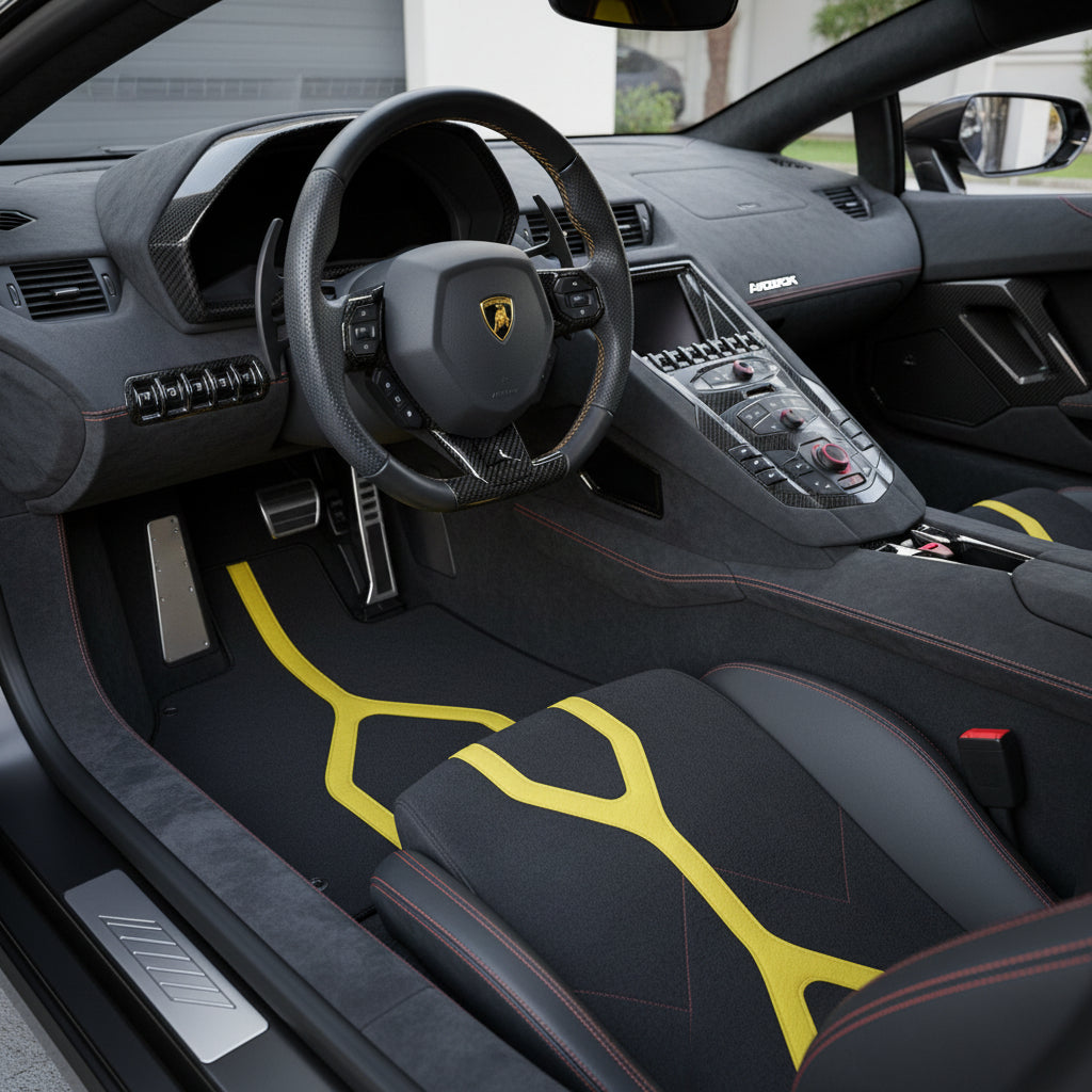Customizable Floor Mats From Carpet with Leather A56 Pattern for Lamborghini Aventador SVJ - AutoWin