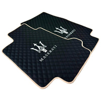 Black Stitched Leather Floor Mats with Logo for Maserati GranTurismo MC (2009-2010) | Beige Trim - AutoWin
