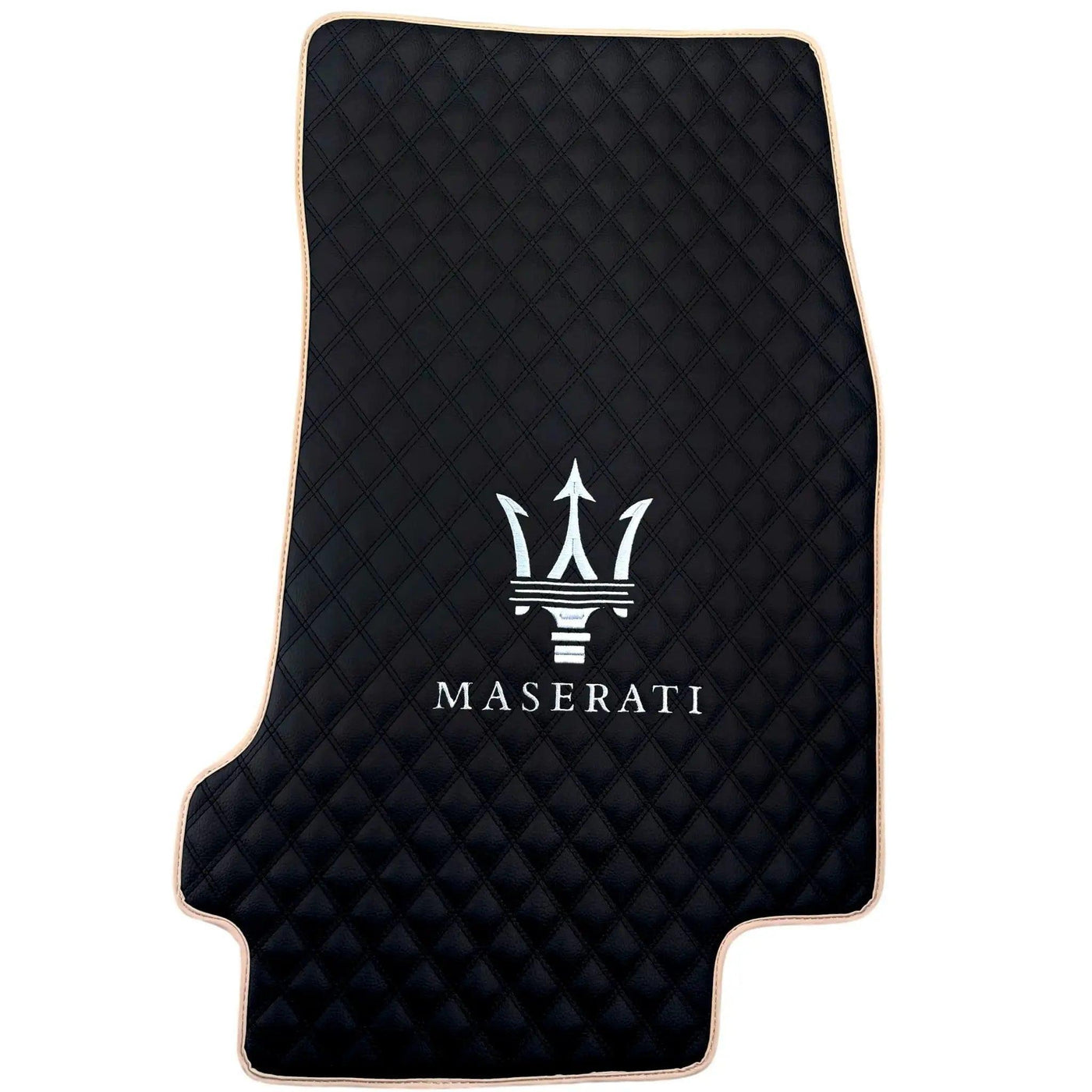 Black Stitched Leather Floor Mats with Logo for Maserati GranTurismo MC (2009-2010) | Beige Trim - AutoWin