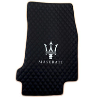 Black Stitched Leather Floor Mats with Logo for Maserati GranTurismo MC (2009-2010) | Beige Trim - AutoWin