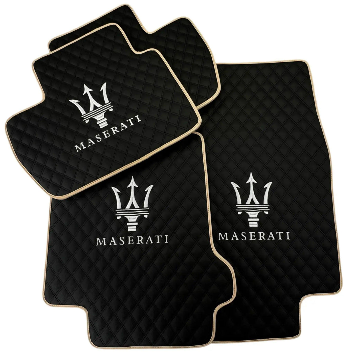 Black Stitched Leather Floor Mats with Logo for Maserati GranTurismo Sport (2012-2019) | Beige Trim - AutoWin