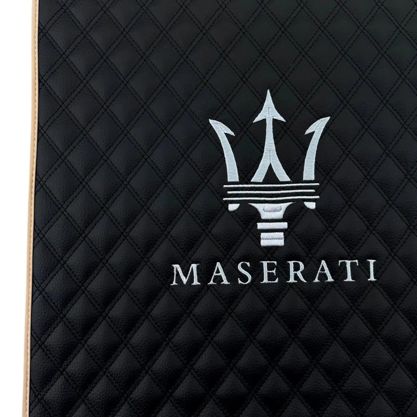 Black Stitched Leather Floor Mats with Logo for Maserati GranTurismo Sport (2012-2019) | Beige Trim - AutoWin