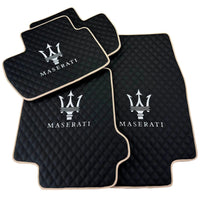 Black Stitched Leather Floor Mats with Logo for Maserati GranTurismo Sportline (2009-2019) | Beige Trim - AutoWin