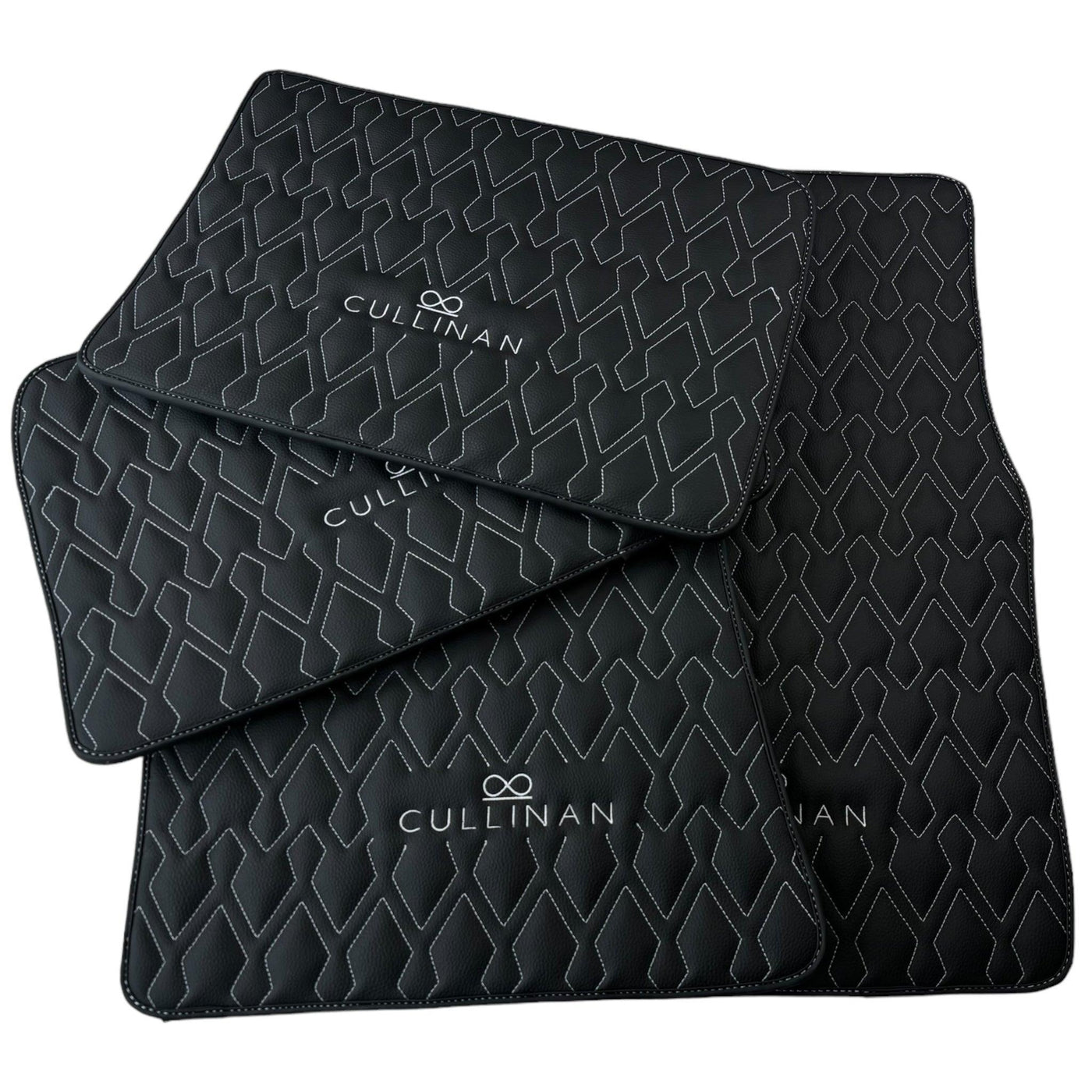 Black Leather Floor Mats for Rolls Royce Cullinan (2018-2023) with White Stitching - AutoWin