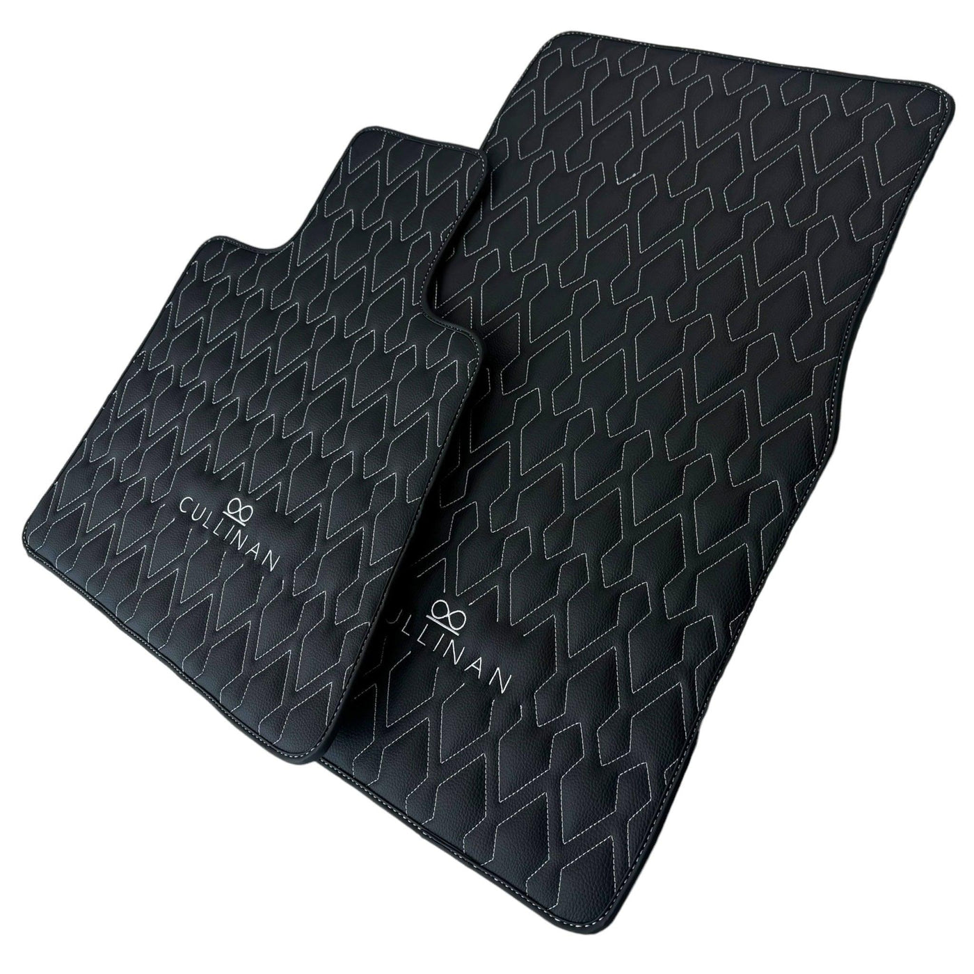 Black Leather Floor Mats for Rolls Royce Cullinan (2018-2023) with White Stitching - AutoWin