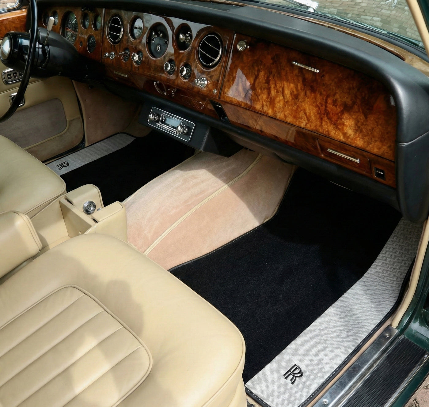 Black Floor Mats for Rolls Royce Shadow (1965-1977) with Gray Leather Borders