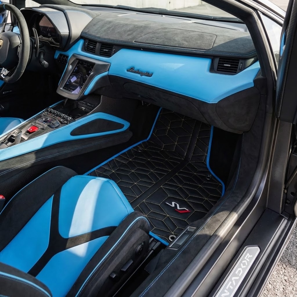 Tappetini in pelle per Lamborghini Aventador SVJ Edizione Limitata con Bordo Blu