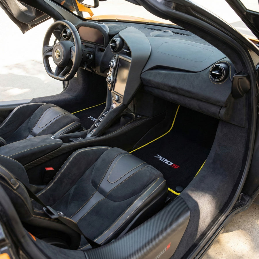 Fußmatten für McLaren 720S, schwarz, maßgeschneidert mit gelbem Rand