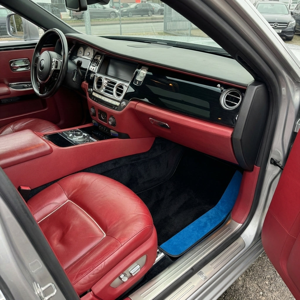 Custom Black Floor Mats for Rolls Royce Ghost Series I (2010–2020) with Blue Alcantara