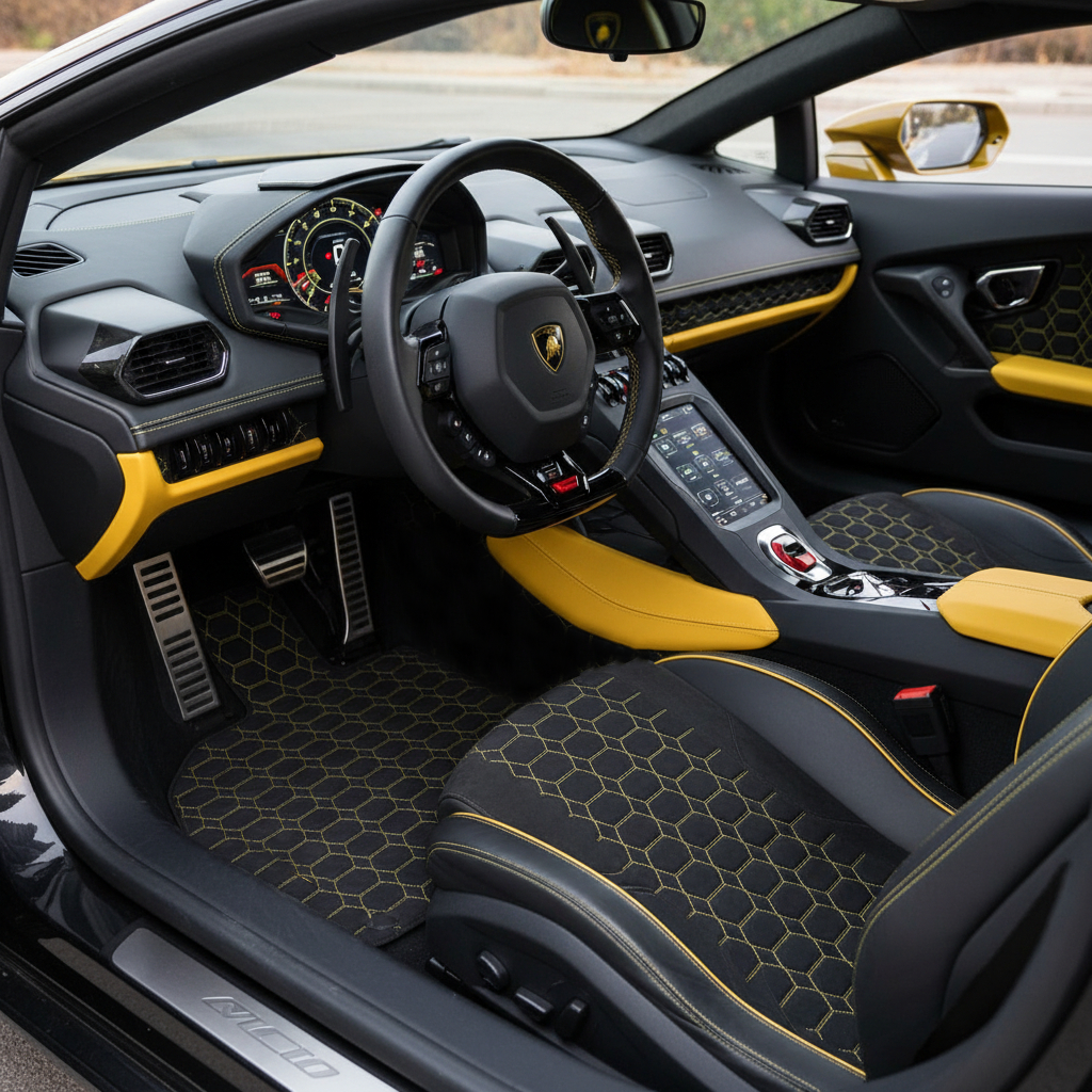 Tappetini per auto in pelle personalizzabili con motivo esagonale per Lamborghini Huracan Perfomante (2017-2019) - AutoWin