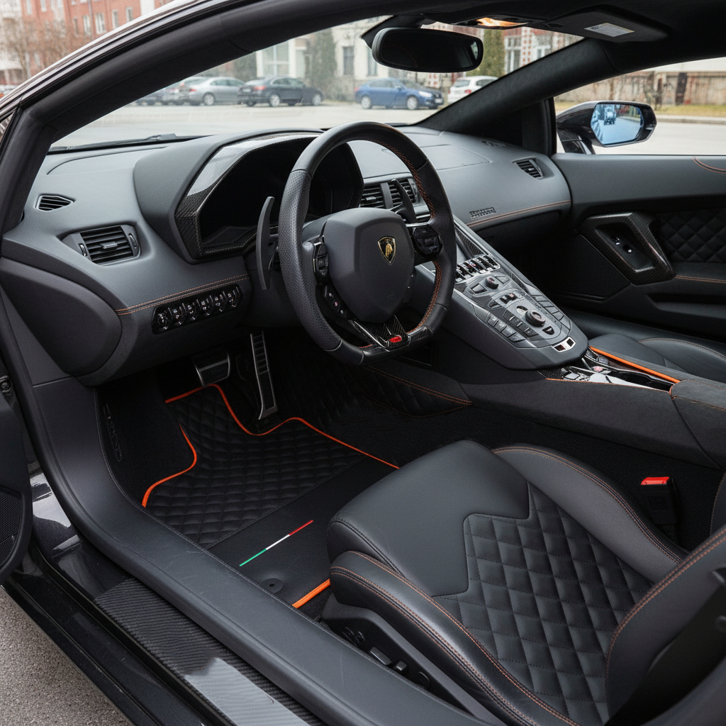 Anpassbare schwarze Fußmatten für Lamborghini Aventador mit Alcantara-Leder - AutoWin.EU