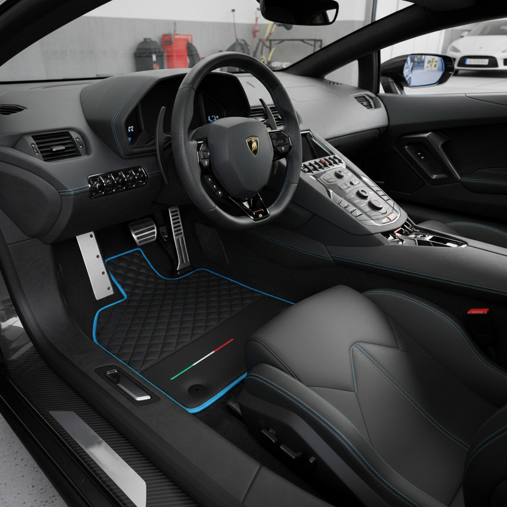 Customizable Black Leather Floor Mats For Lamborghini Aventador with Blue Trim