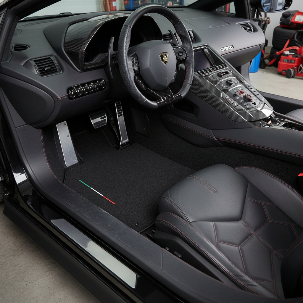 Anpassbare schwarze Fußmatten für Lamborghini Aventador mit Alcantara-Leder - AutoWin.EU