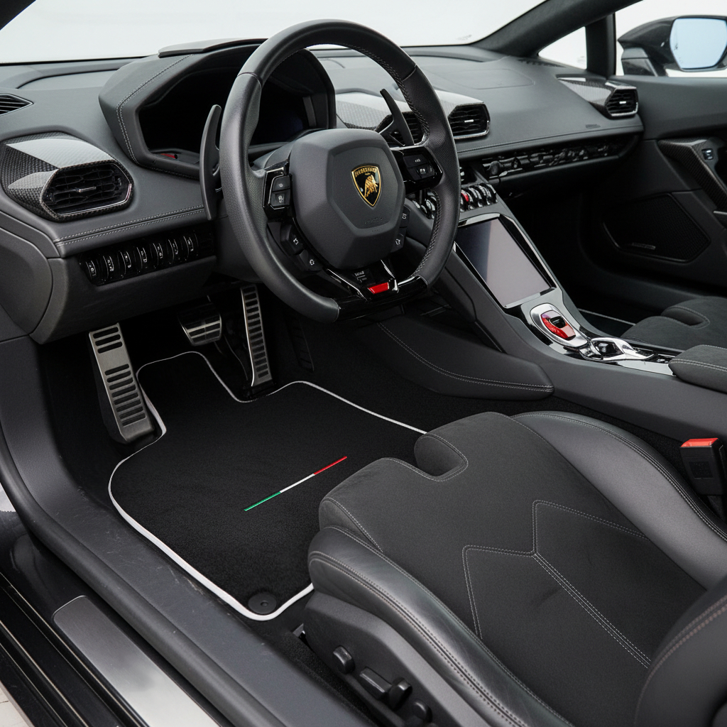 Tapis de voiture en moquette noire pour Lamborghini Huracan STO avec finition blanche | Édition italienne