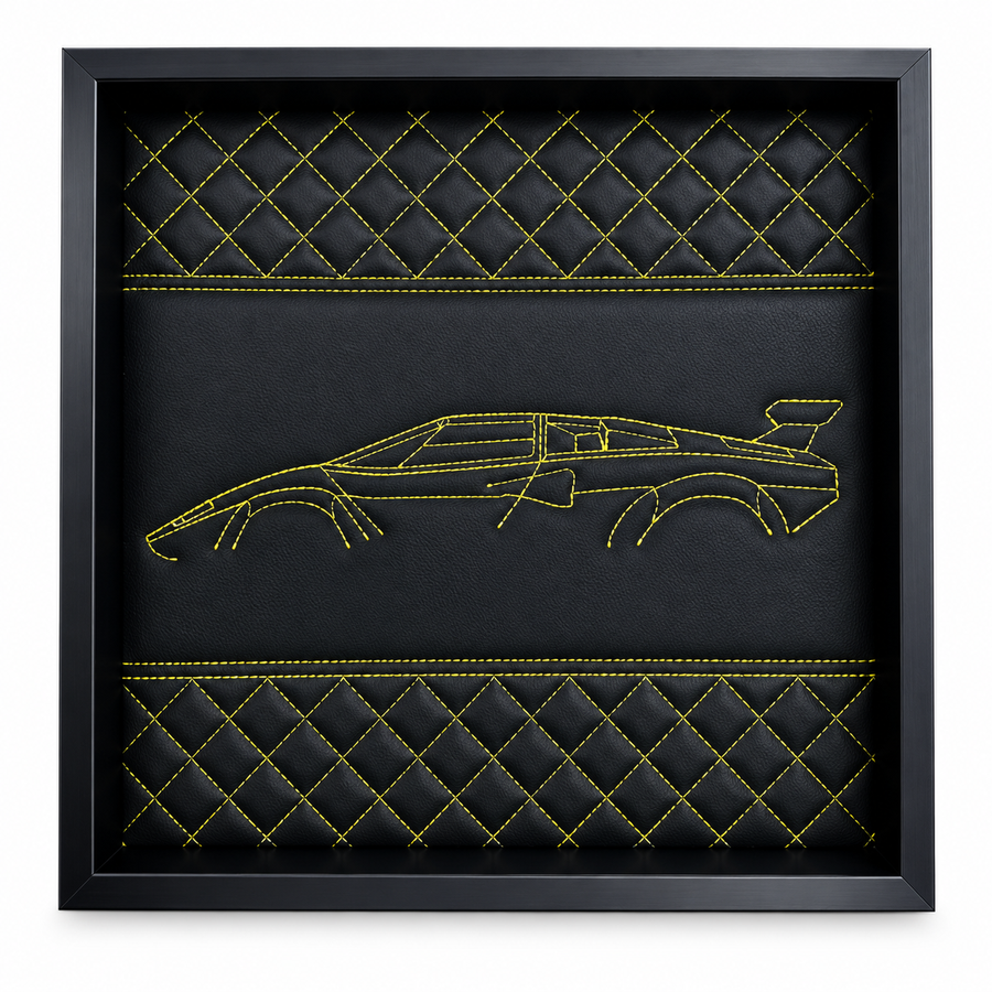 Mustan nahan Lamborghini Countach -innoitettu seinätaide