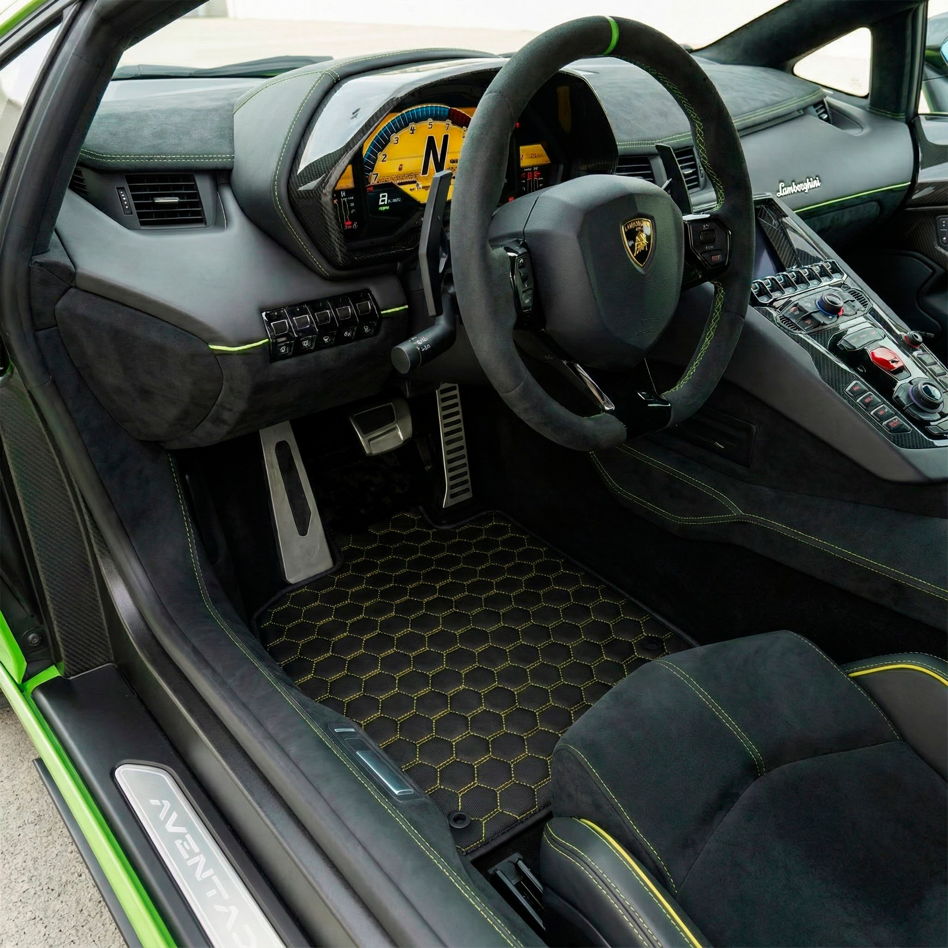 Tapis de voiture en cuir personnalisables avec motif hexagonal symétrique pour Lamborghini Aventador SV (2012-2022) - AutoWin