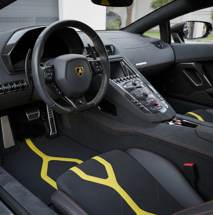 Customizable Floor Mats From Carpet with Leather A56 Pattern for Lamborghini Aventador SVJ - AutoWin