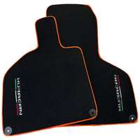 Black Floor Mats for Lamborghini Huracan (2014-2023) with Orange Leather Trim - AutoWin