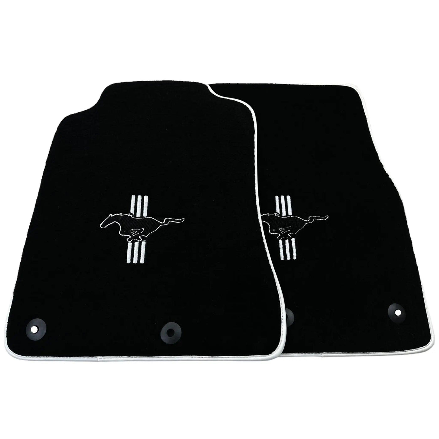 Black Floor Mats with White Trim for Ford Mustang V FL (2011-2014) With Pony - AutoWin