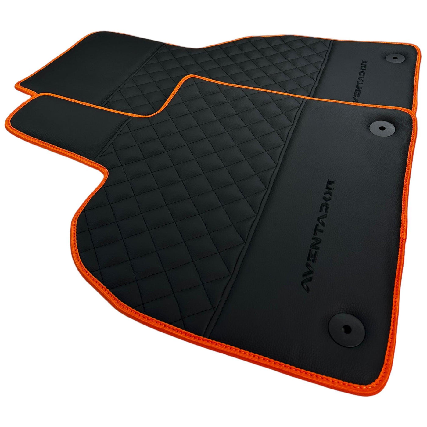 Black Leather Floor Mats For Lamborghini Aventador with Orange Trim - AutoWin