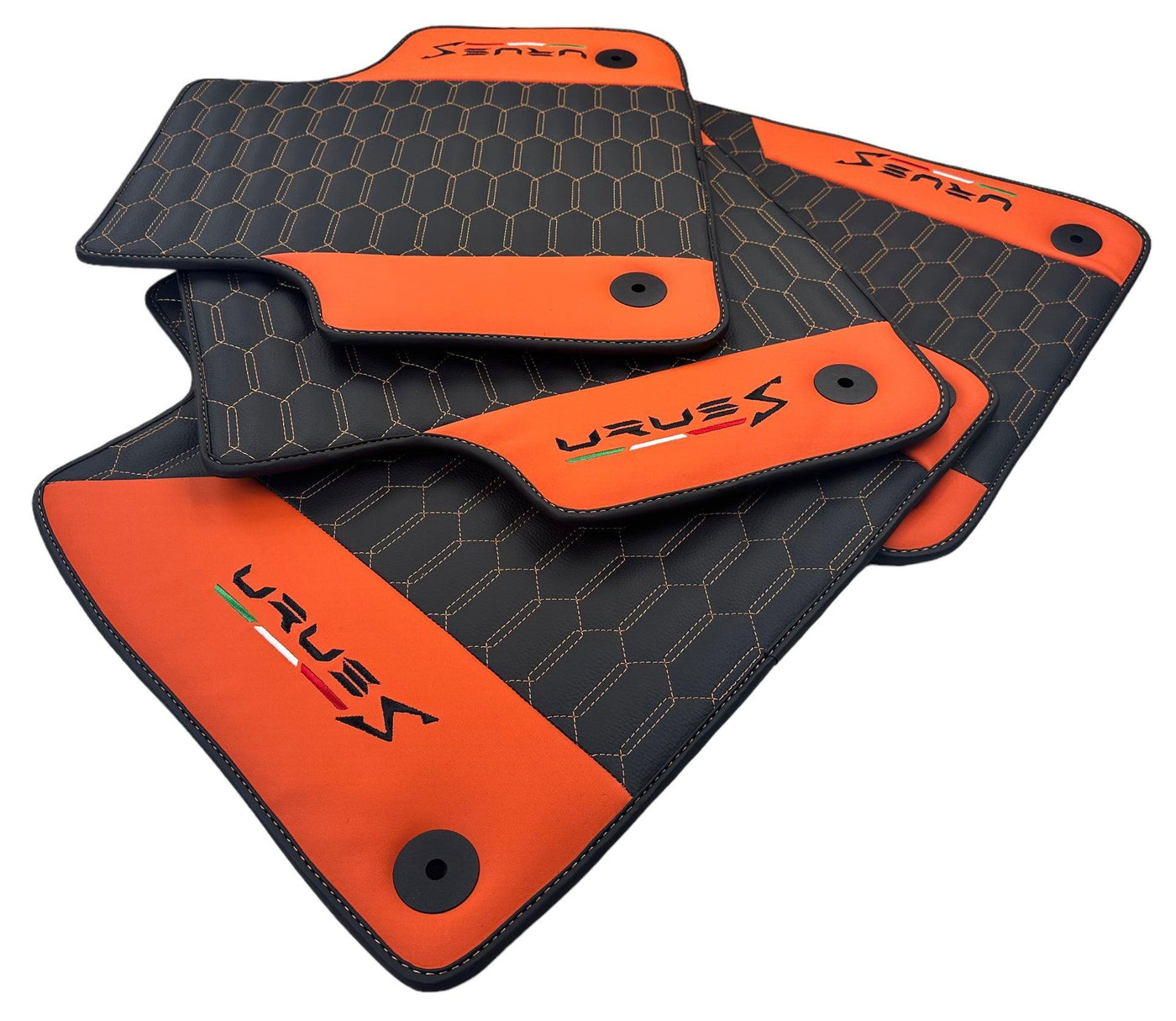 Black Leather Floor Mats For Lamborghini Urus S With Orange Nappa Leather - AutoWin